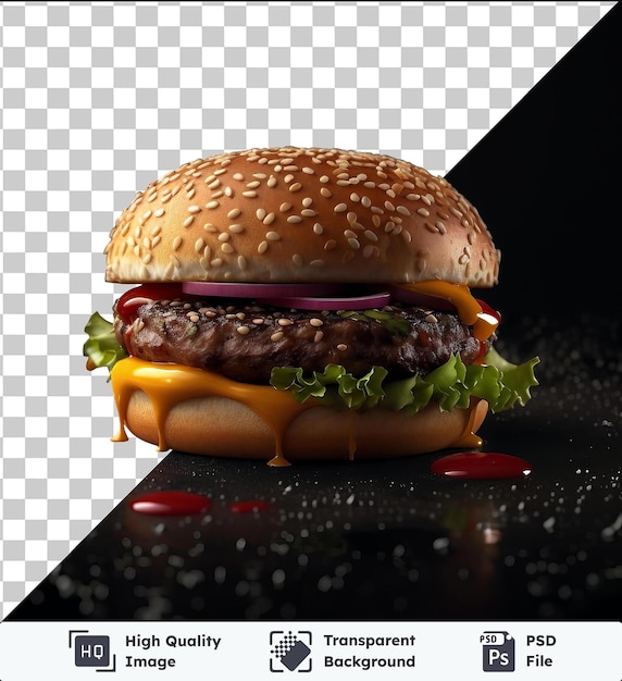 PSD hamburguesa jugosa con tomate de lechuga y cebolla púrpura en pan marrón colocado en la mesa negra con reflejo brillante