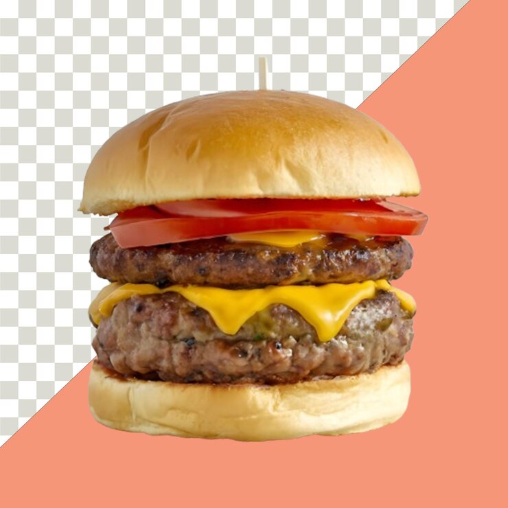 hamburguesa con lechuga, queso de tomate y carne de res sobre un fondo transparente
