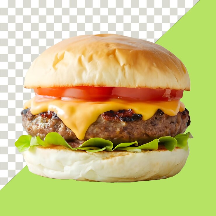 hamburguesa con lechuga, queso de tomate y carne de res sobre un fondo transparente