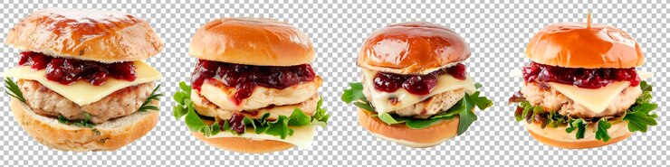 PSD hamburguesa de pavo con salsa de arándano y queso brie aislada sobre un fondo transparente