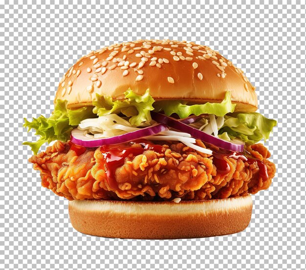 PSD hamburguesa de pollo deliciosa hamburguesa doble con ensalada de carne de pollo crujiente y salsa aislada en blanco