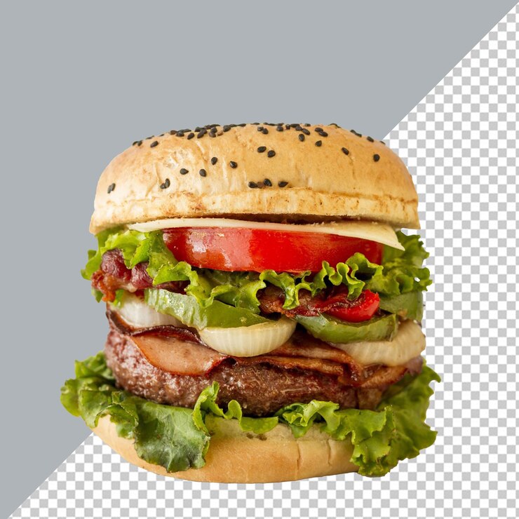 Hamburguesa PSD con semillas negras y un fondo blanco y negro con fondo transparente