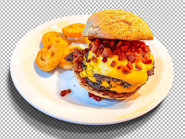 Hamburguesa de queso casera con tocino y papas fritas sonrientes