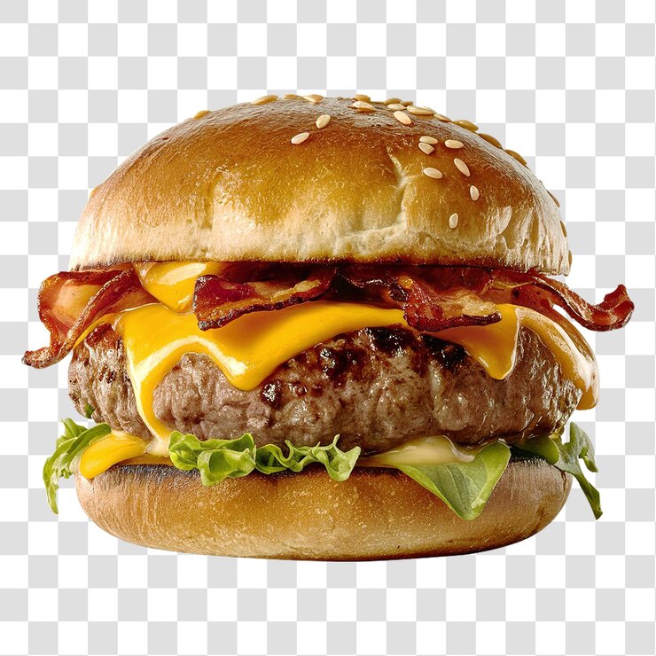 Una hamburguesa de queso que muestra una suculenta patata jugosa y tocino crujiente en un fondo transparente