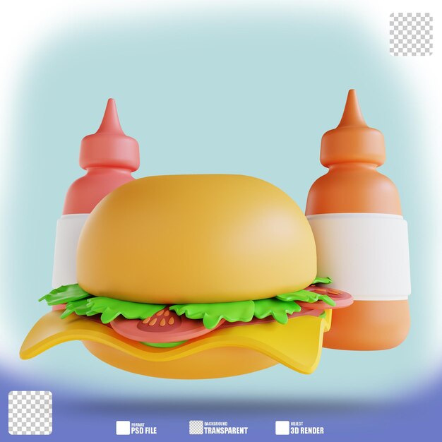 hamburguesa y salsa de ilustración 3D