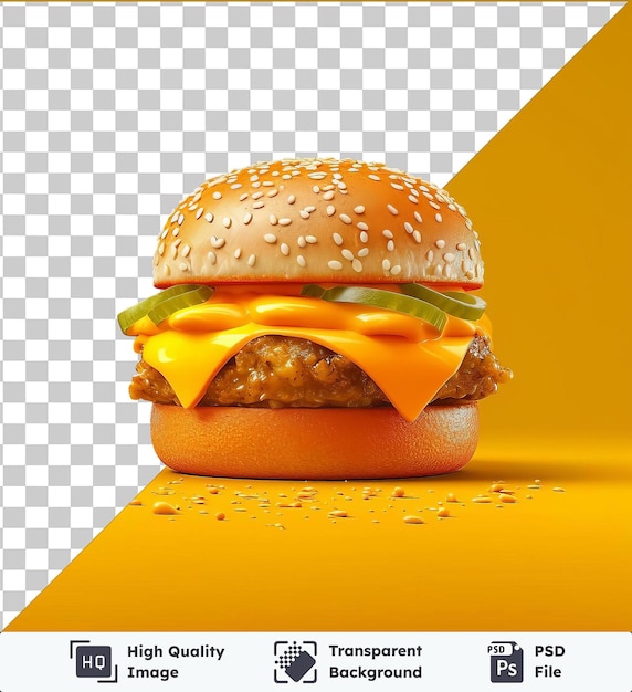 PSD hamburguesa transparente de agua para la boca con un pan marrón y queso amarillo servido en un pan marró colocado en una mesa amarilla contra una pared amarilla