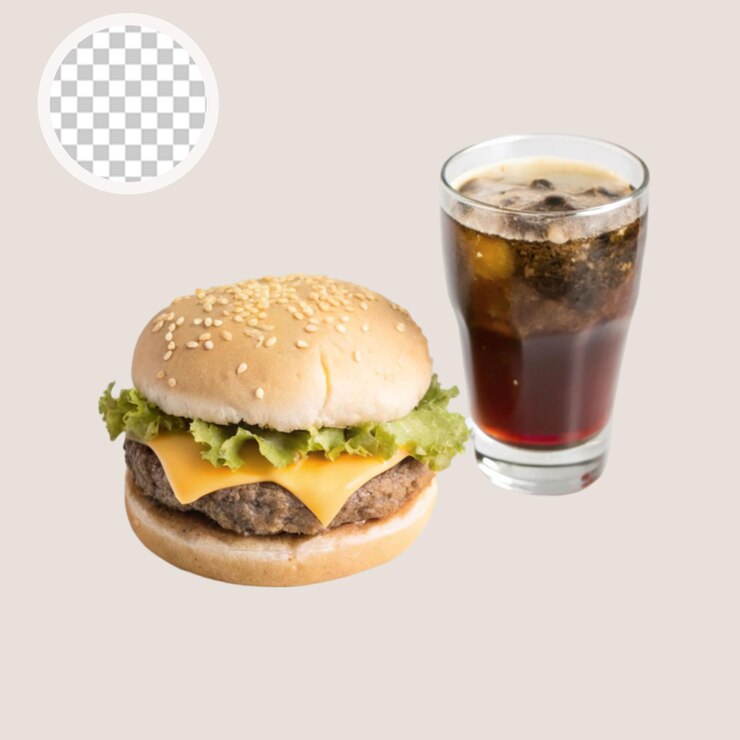 PSD hamburguesa y un vaso de cola sobre un fondo transparente