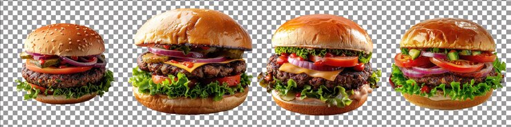 Hamburguesa vegetal aislada sobre un fondo transparente con sus vibrantes verduras y su salchicha.