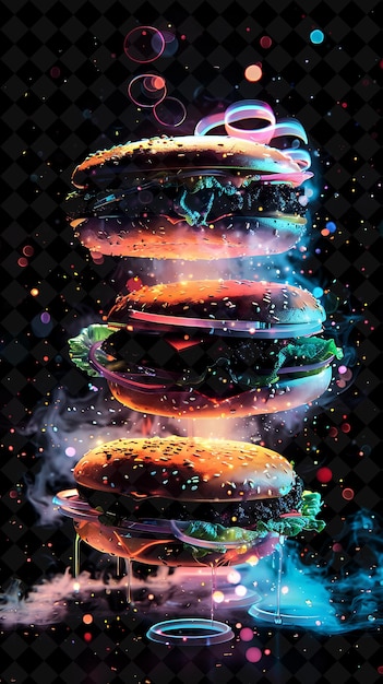 PSD hamburguesas luminescentes brillantes que se desmoronan y se desintegran color de neón bur comida bebida colección y2k