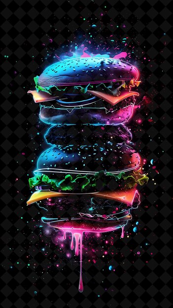 Hamburguesas luminescentes brillantes que se desmoronan y se desintegran color de neón bur comida bebida colección y2k