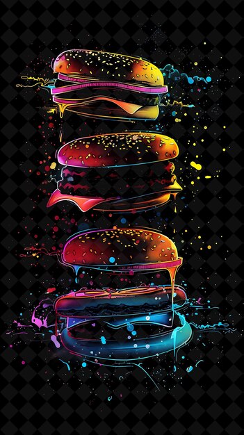 Hamburguesas luminescentes brillantes que se desmoronan y se desintegran color de neón bur comida bebida colección y2k