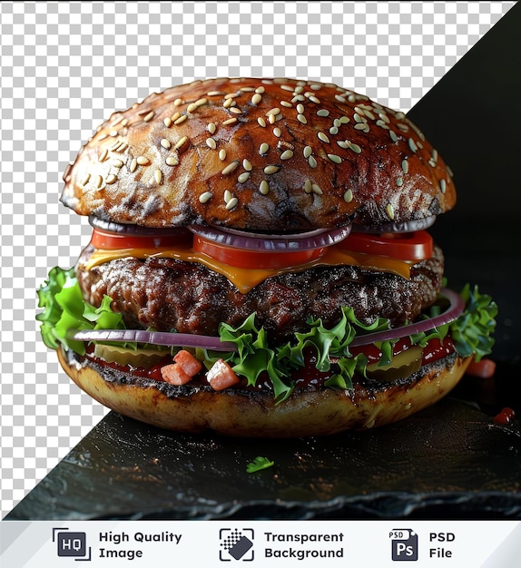 PSD hamburguesas vegetales de objeto transparente con cebollas rojas en pan marrón en mesa negra