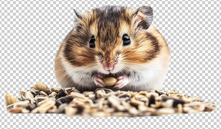 PSD hamster lindo sostiene semillas entre una pila de semillas de girasol en el interior aisladas en un fondo transparente