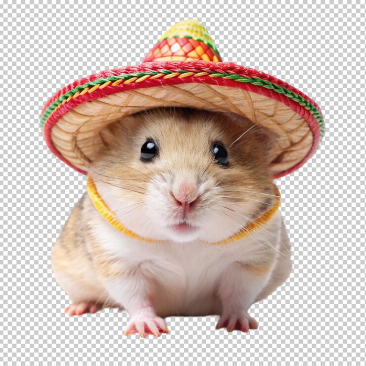 PSD hámster a plena vista en un sombrero mexicano sobre un fondo transparente