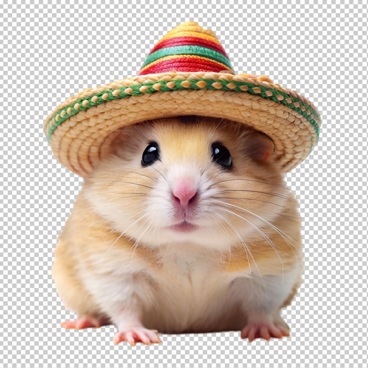 PSD hámster a plena vista en un sombrero mexicano sobre un fondo transparente