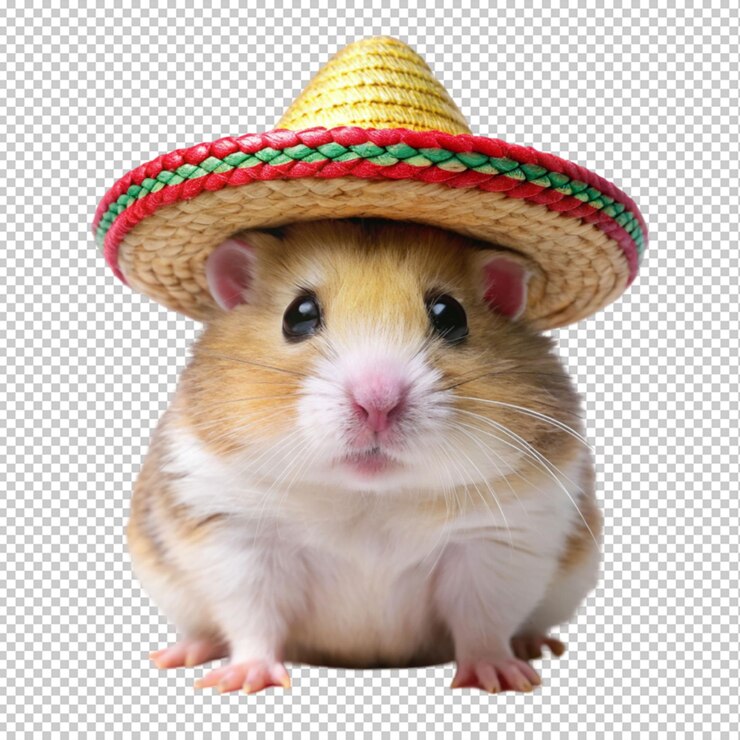 PSD hámster a plena vista en un sombrero mexicano sobre un fondo transparente