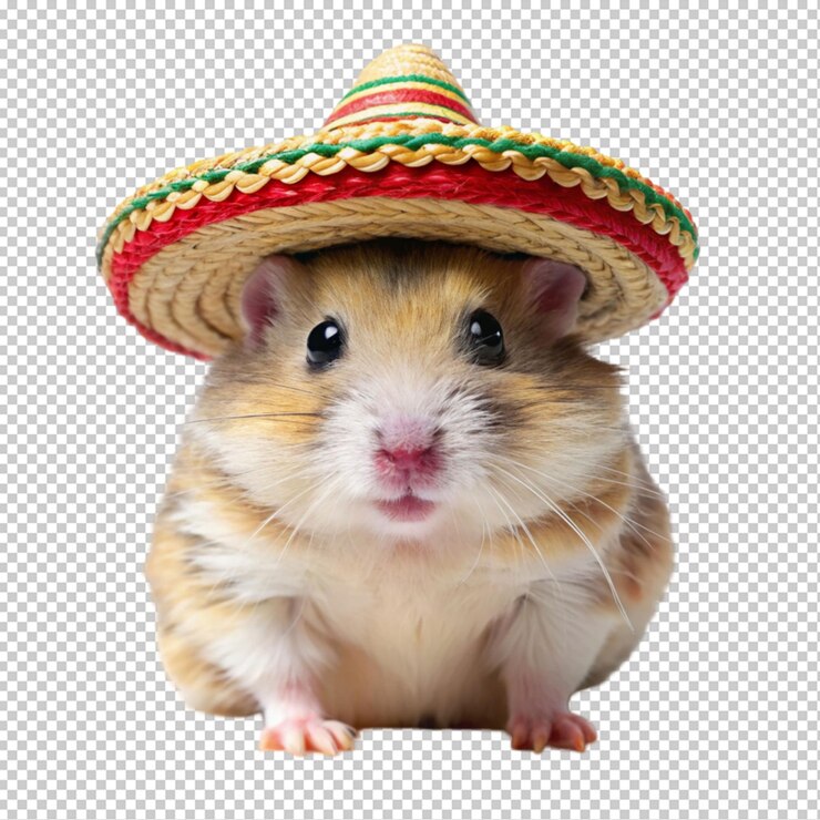 PSD hámster a plena vista en un sombrero mexicano sobre un fondo transparente