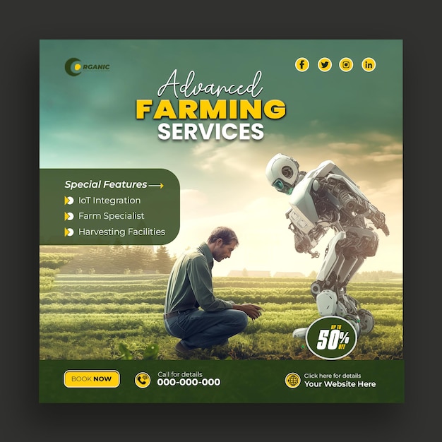 Se han generado plantillas de anuncios en las redes sociales para servicios avanzados de agricultura y jardinería.