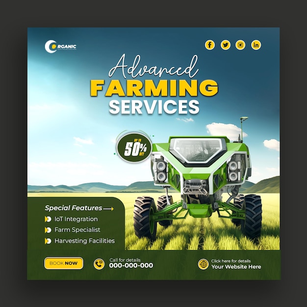 PSD se han generado plantillas de anuncios en las redes sociales para servicios avanzados de agricultura y jardinería.