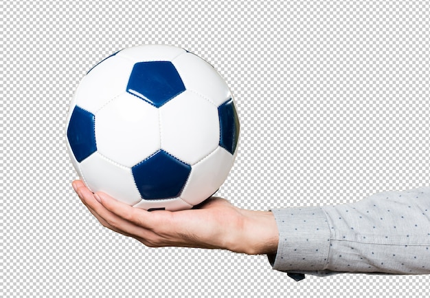 Hand des Mannes einen Fußball halten