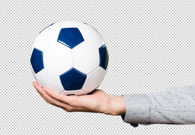 Hand des mannes einen fußball halten