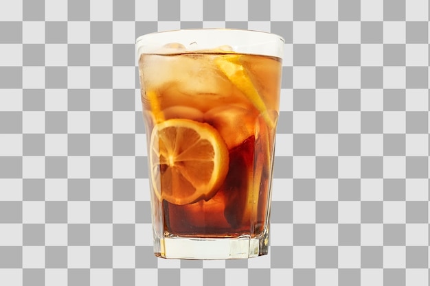 Hand, die ein Glas Eistee mit Zitronenscheiben und einem auf weißem PNG isolierten Strohhalm hält