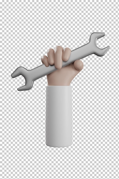 Hand, die einen Schraubenschlüssel hält, isolierte 3D-Darstellung