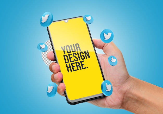 Hand, die smartphone-bildschirm mit twitter 3d-icon-mockup hält