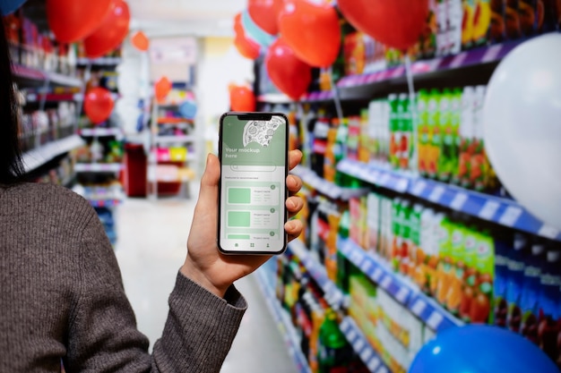 PSD hand, die smartphone im supermarkt hält