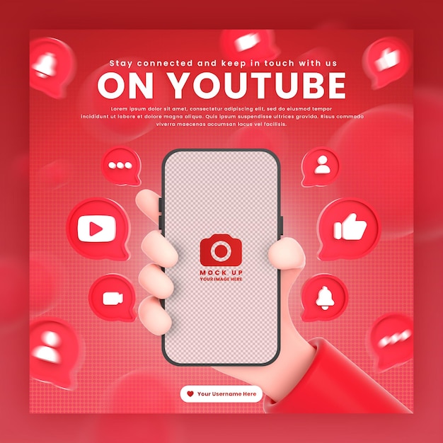 Hand, die Telefon-YouTube-Symbole um 3D-Rendering-Modell für Werbung für YouTube-Post-Vorlage hält