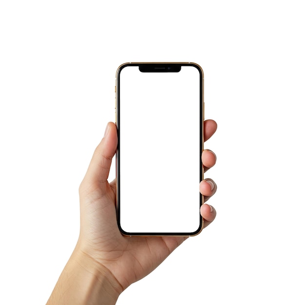 Hand hält ein goldenes Smartphone mit einem leeren Bildschirm, ideal für die Darstellung von Inhalten