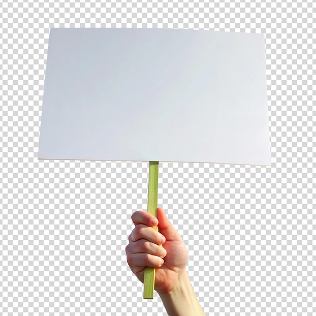Hand hält ein leeres Protestschild, das auf weißem Hintergrund isoliert ist