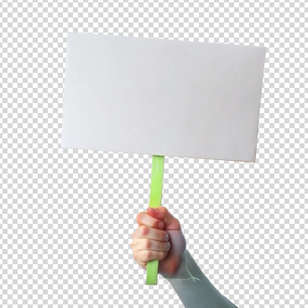 Hand hält ein leeres Protestschild, das auf weißem Hintergrund isoliert ist
