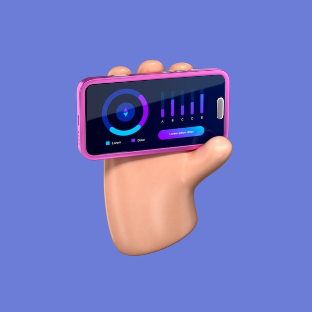 Hand hält ein rosa Smartphone mit einer App-Schnittstelle