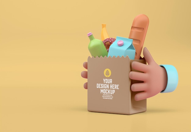 Hand hält eine Tasche mit 3D-Lebensmitteln 3D-Rendering