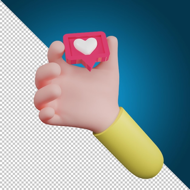 Hand hält Emotion Liebe Symbol Symbol. Herzsymbole, Social-Media-Symbol, 3D-Darstellung