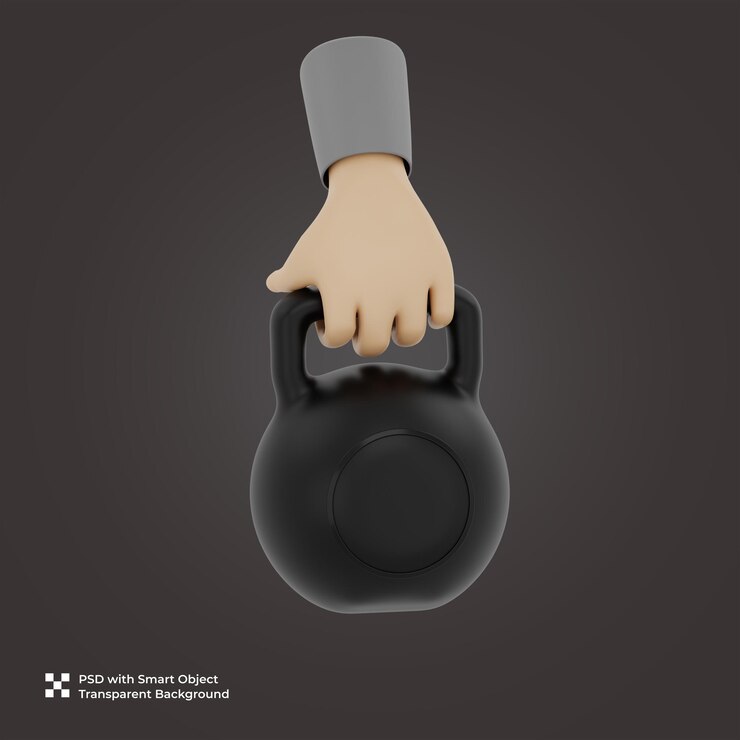 PSD hand holding a black kettlebell