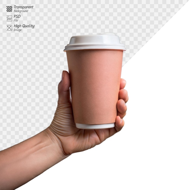 PSD hand holding a disposable coffee cup on a clear background