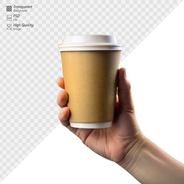 PSD hand holding a disposable coffee cup on a transparent background