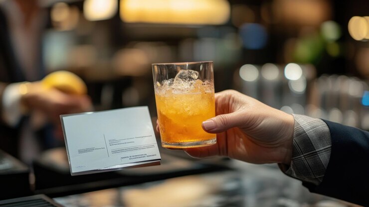 Hand holding a glass of amber cocktail with ice next to a small card at a bar