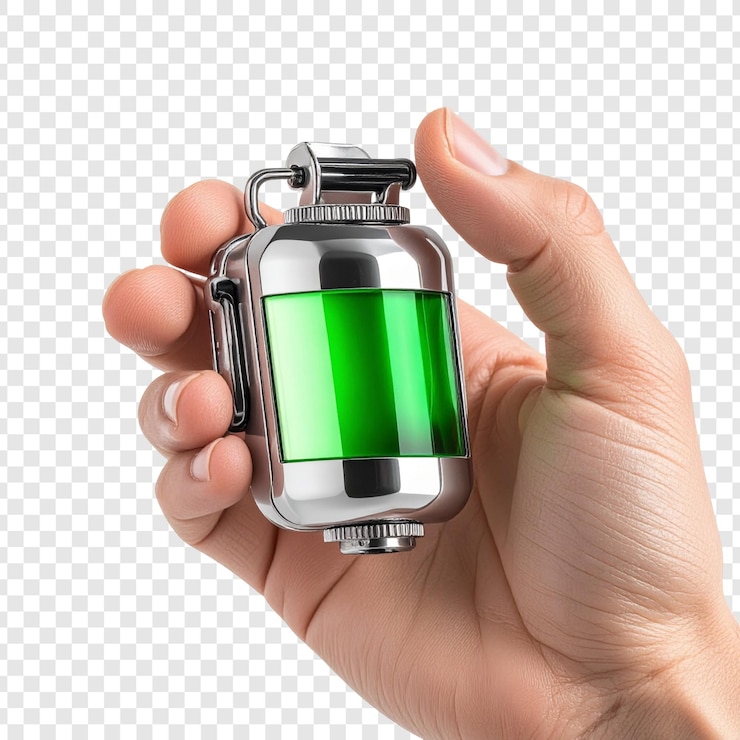 PSD hand holding metallic container with green panel