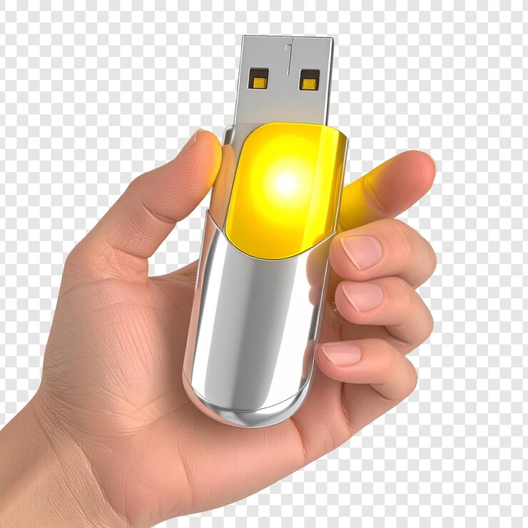 PSD hand holding a modern flash drive glowing yellow button