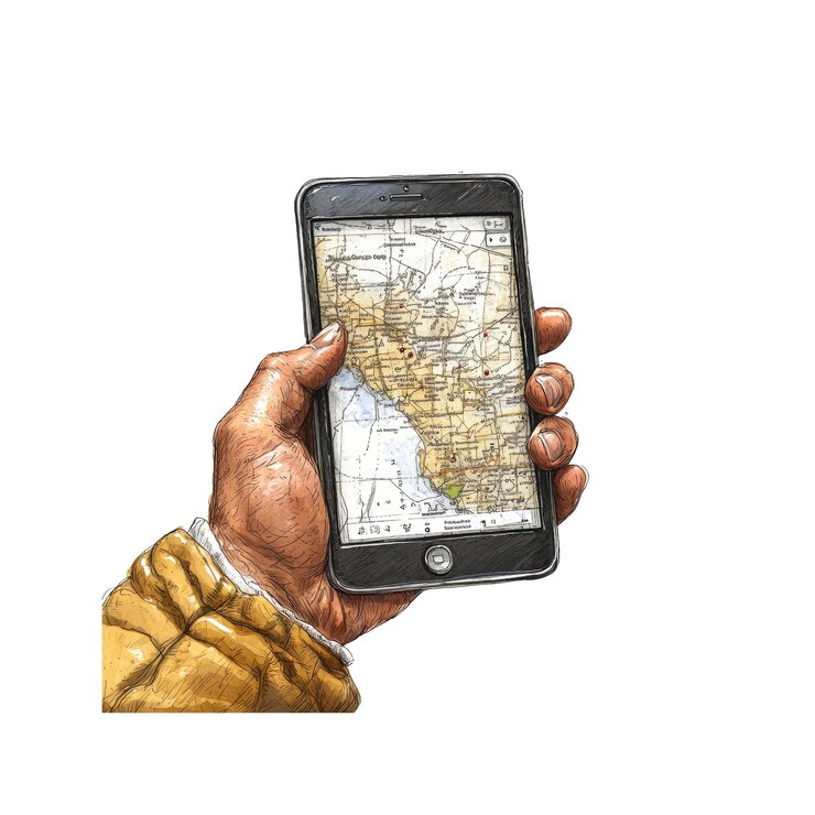 PSD hand holding smartphone with gps navigation map