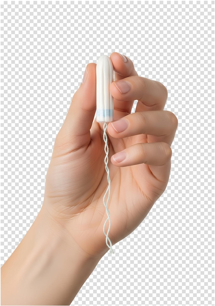 PSD hand holding tampon feminine hygiene isolated on transparent background womens health period care