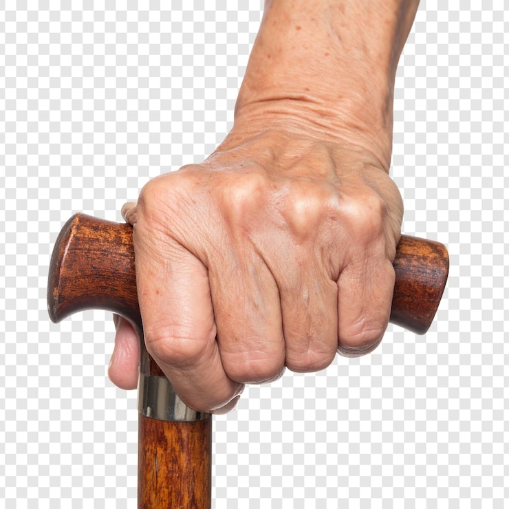 PSD hand holding walking cane light brown wooden handle elderly support