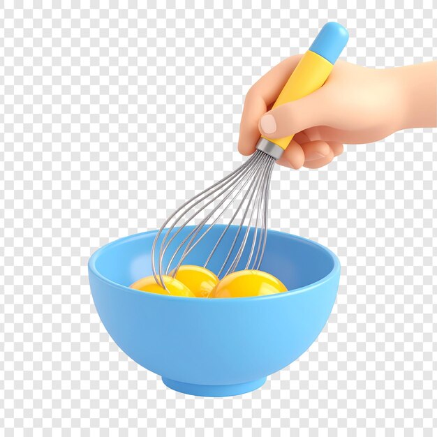Hand holding whisk over egg yolks in blue bowl