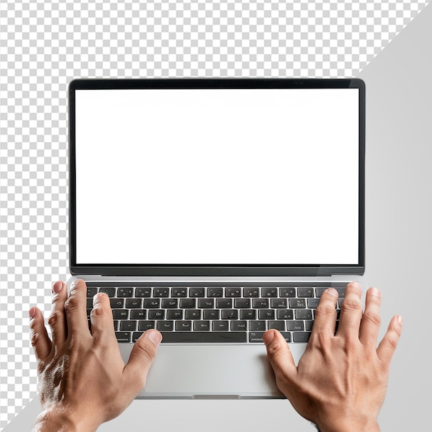 PSD hand holding white laptop screen mockup png