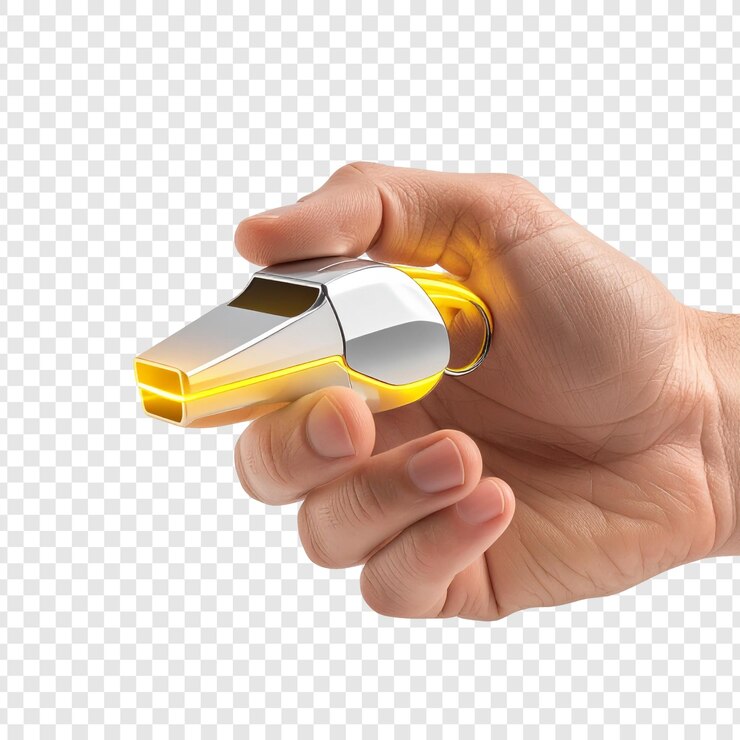 PSD hand holding yellow and silver whistle isolated background