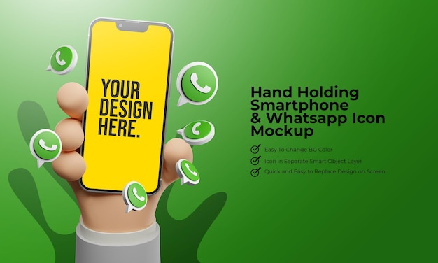 PSD hand im cartoon-stil mit smartphone mit whatsapp-logo bearbeitbares bildschirmmodell