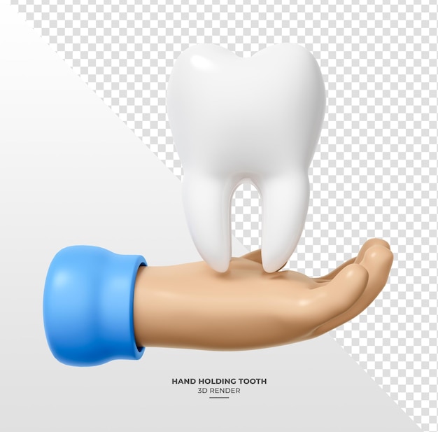 Hand im cartoon-stil mit zahn in 3d-rendering mit durchsichtigem hintergrund